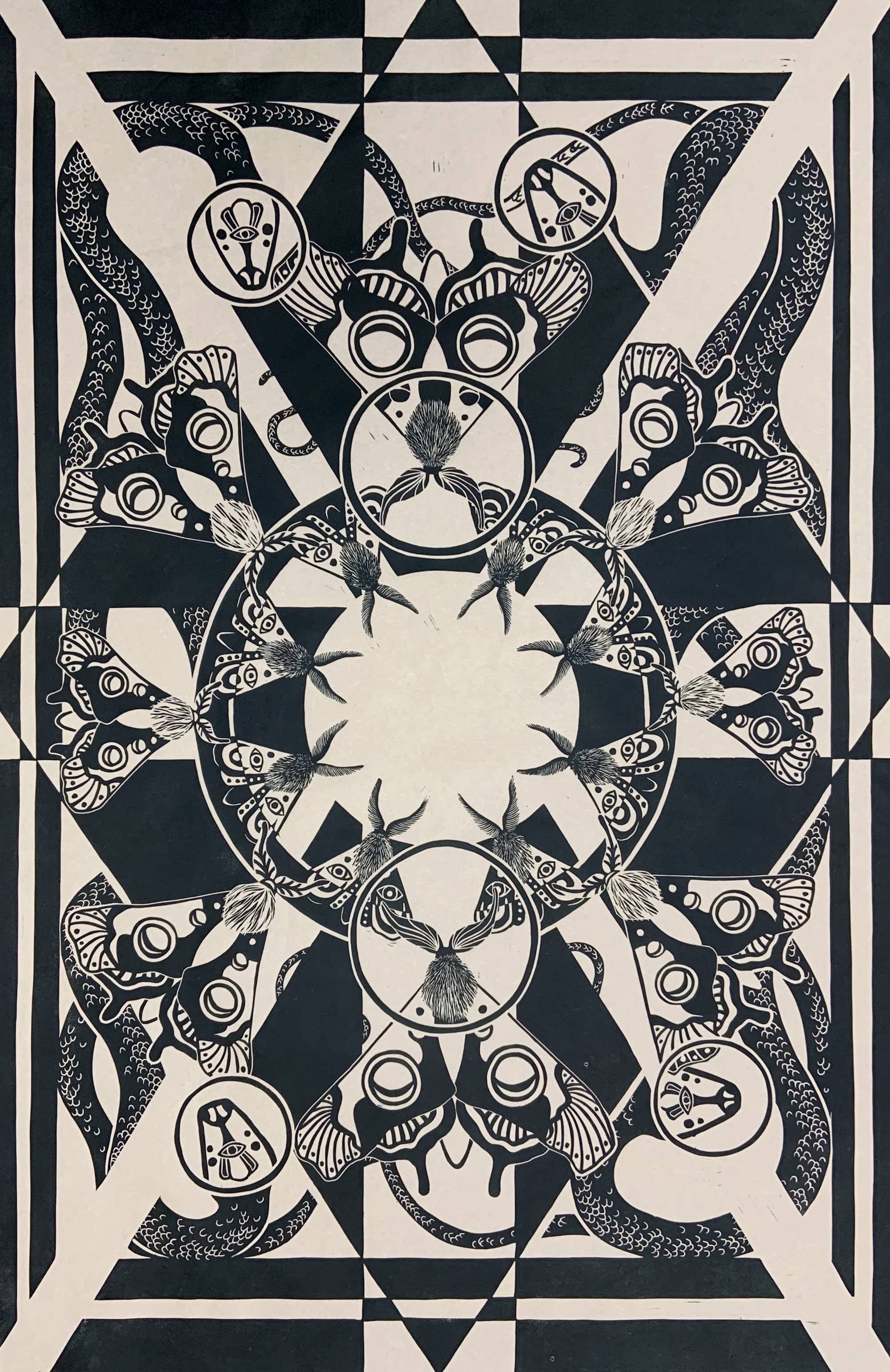 art print of geometric pattern with moths and plants